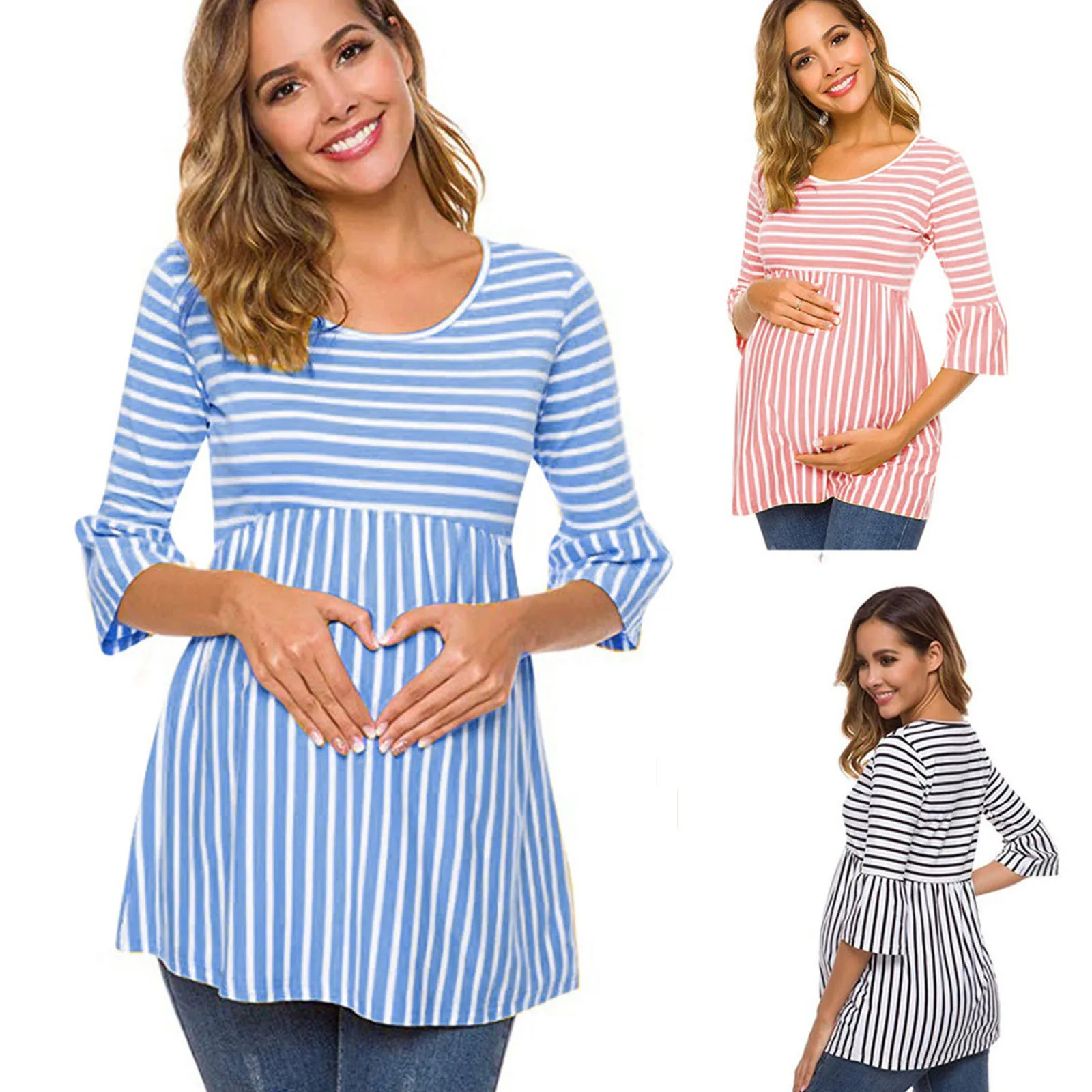 

Maternity T-shirts Pregnant Round Neck 3/4 Sleeve Stripe Print Large Size Long T-shirt Women Nursing Top Pregnancy Clothing Tees
