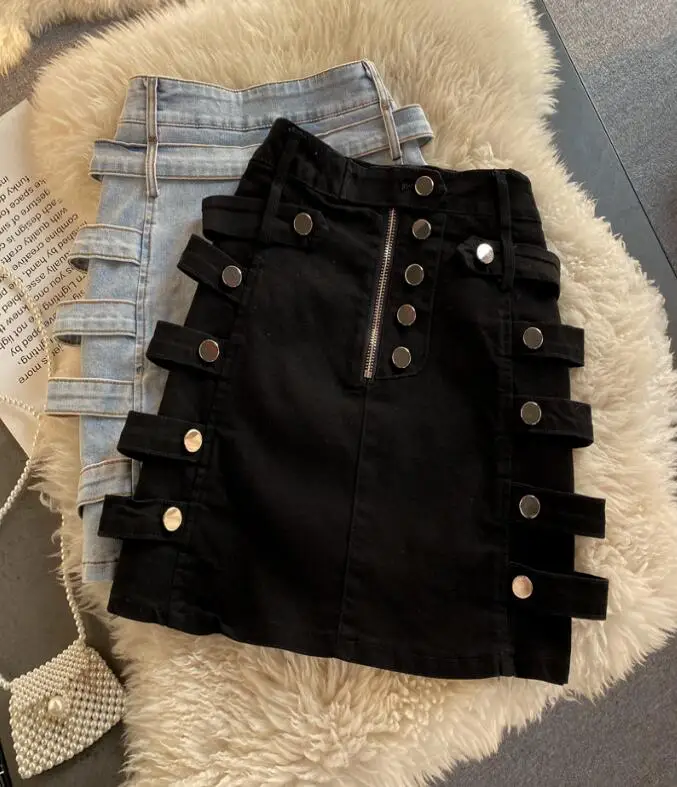 

Motorcycle metal buckle Denim Skirt Women Design High Waist Hip A Line Jeans Skirts Femme Summer 2021 Faldas Mujer w2507