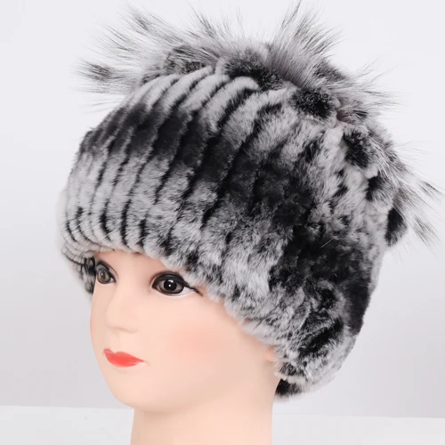 grey and black 2 Новое поступление зимние женские Хорошие эластичные Настоящий мех кролика шапочки шапки женские толстые теплые натуральная меховая вязаная шапка из настоящего меха - Цвет: grey and black 2
