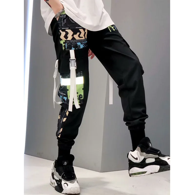 

2021 Cargo Pants Men Solid Color Black Loose Casual Jogger Reflective Pocket Elastic waist Ankle Length Trousers Techwea 3XL