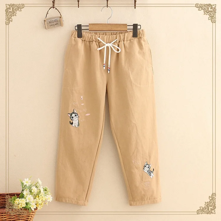Mori girl/осенние милые укороченные брюки с вышивкой hello kitty Прямые повседневные