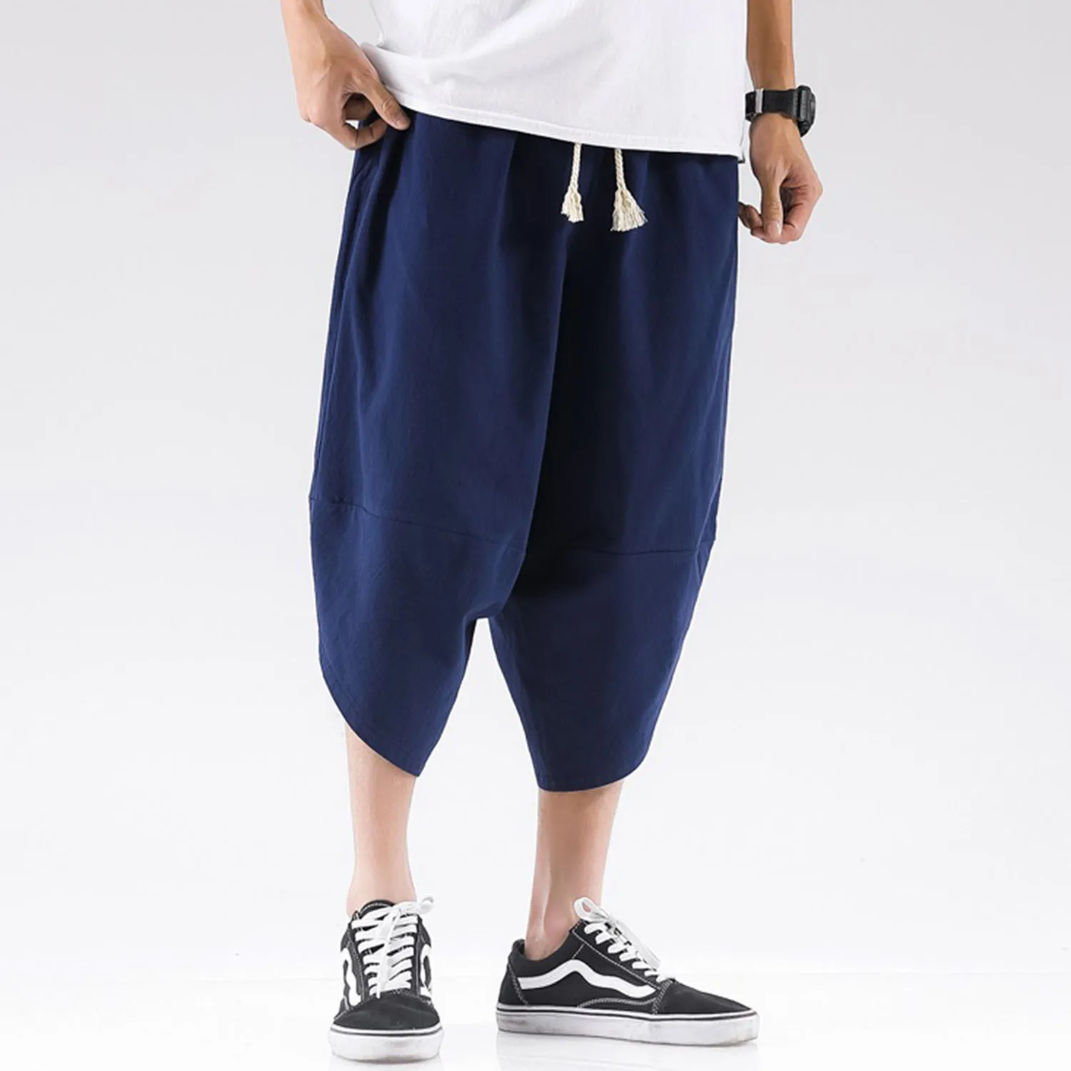 

Men's Casual Elastic Waist Baggy Pants Cotton and Hemp Capris Wide Leg Baggy Harem Pants Cycling Jogging Pants