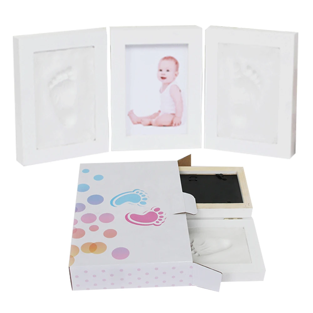 Moldura de Madeira Sólida para Bebê Impressão de Mão e pé Quadro para Recém-nascido Limpa Não-tóxica Três Dobras Porta-retrato