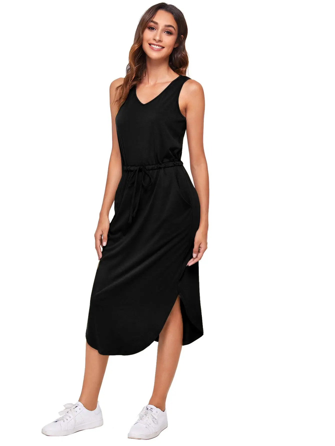 

Women's Drawstring Waist Split High Low Midi Tank Dress with Pocket