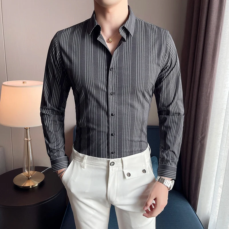 

2021 New Striped Shirts Men Business Casual Formal Dress Shirts Long Sleeve Streetwear Social Party Tuxedo Blouse Men Clothing