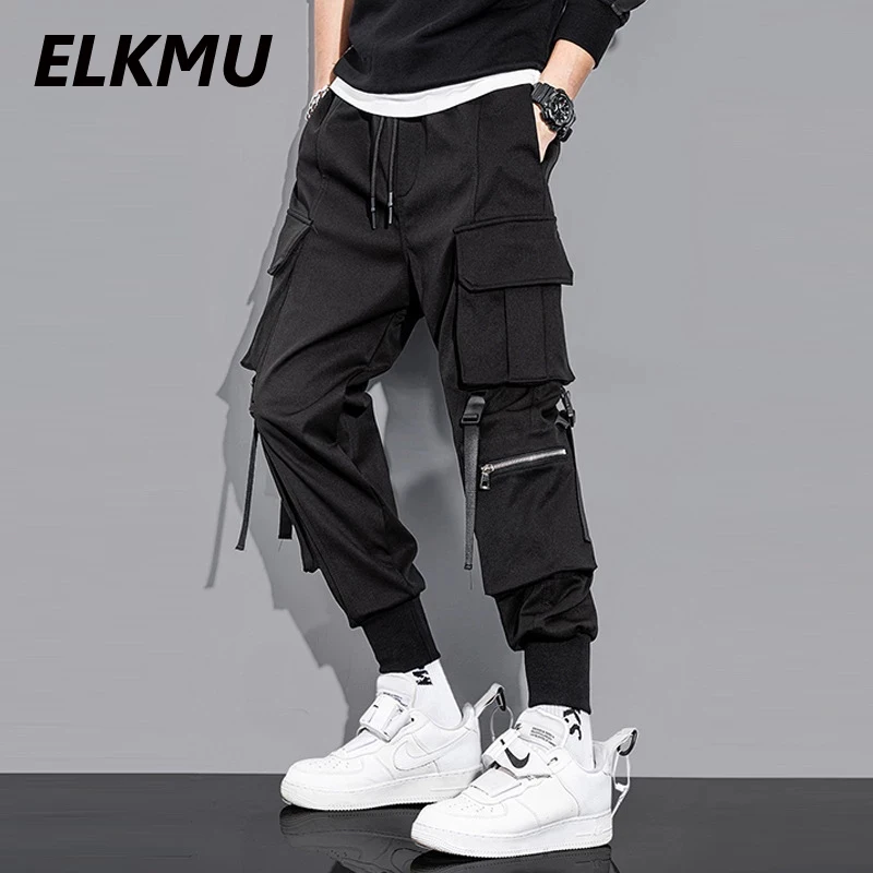 

ELKMU Tactics Men Black Cargo Pants Joggers Streetwear Sweatpants Male Harajuku Ribbon Pocket Trousers Elastic Waist HM058