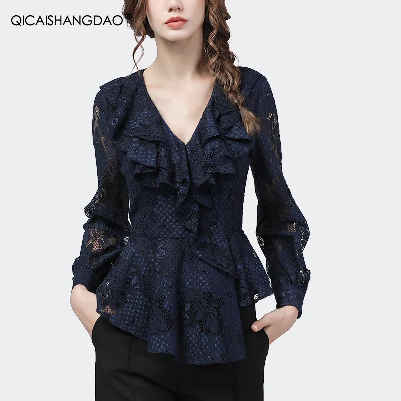 Dark Blue Ruffles V-Neck Lace Blouses Hollow Out Floral Design Long Sleeve Elegant Slim Ladies Autumn Tops Casual Office Shirts