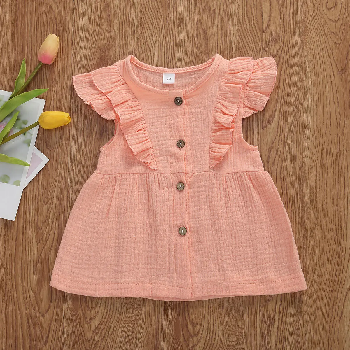 0-3Y Summer Cute Infant Baby Girls Mini Dress 4 Colors Solid Button Ruffles Sleeve A-Line Holiday Outfits | Детская одежда и обувь