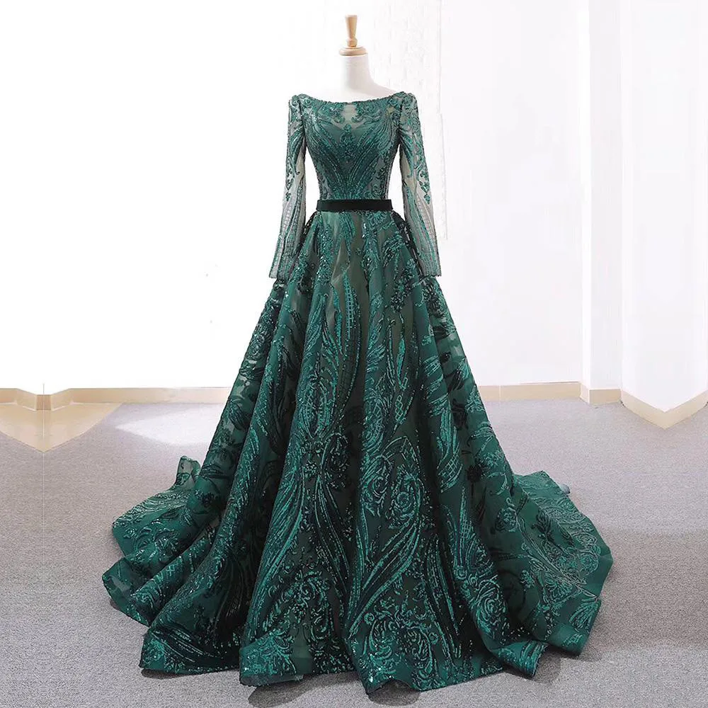 

Vinca Sunny Vintage Green Dubai A-Line Muslim Wedding Evening Dresses 2022 Long Sleeves Sequin Sparkle Formal Prom Party Gowns
