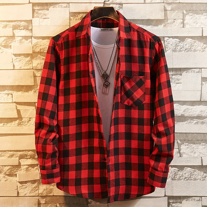 Aoliwen 2019 Men's long sleeve plaid shirt flannel cotton button down casual shirt men Comfortable pocket top autumn clothes