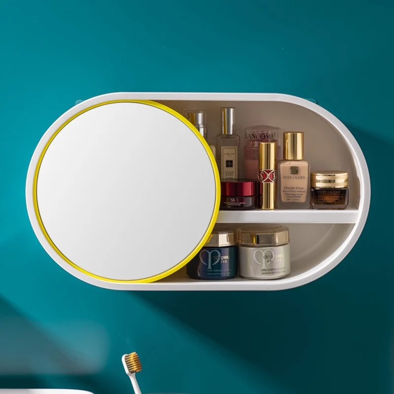 

Rotating Mirror Wall-mounted Cosmetic Storage Box Toilet Bathroom Shelf with Makeup Mirror Dressing Table Storage Rack Mirror