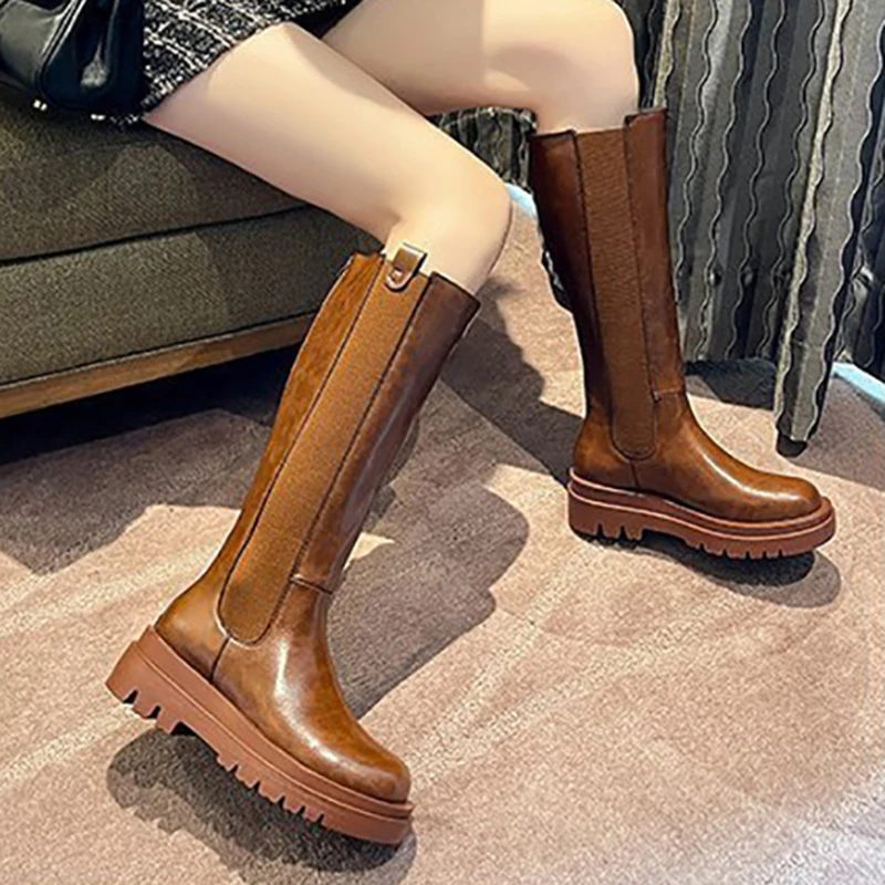 New Women Knee High Boots Winter Luxury Chelsea Boots Platform Shoes Fashion Chunky Heel Long Boots Zipper Round Toe Women Shoes