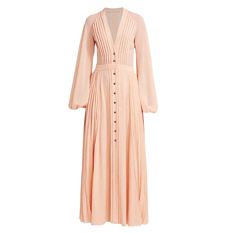

Women Vintage V-neck Lantern Sleeve Single-breasted Pleated Midi Chiffon Dress 2020 Spring Pink Runway Designer Dresss