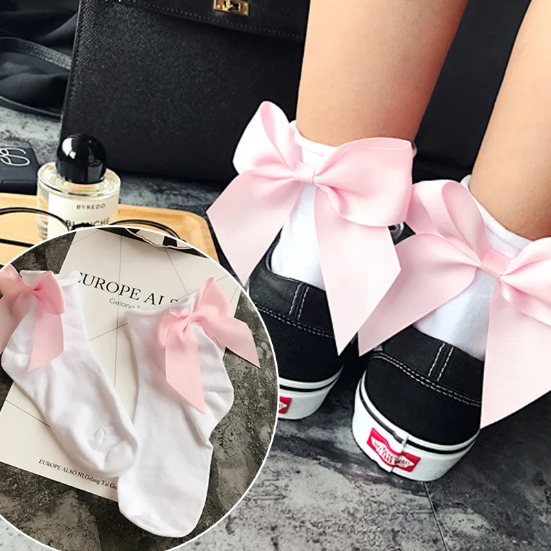 

1Pair Cute Bow Pure Cotton Soft Short Socks Girls After The Heel Ribbon Big Bow Short Socks Ankle Casual Comfortable Socks