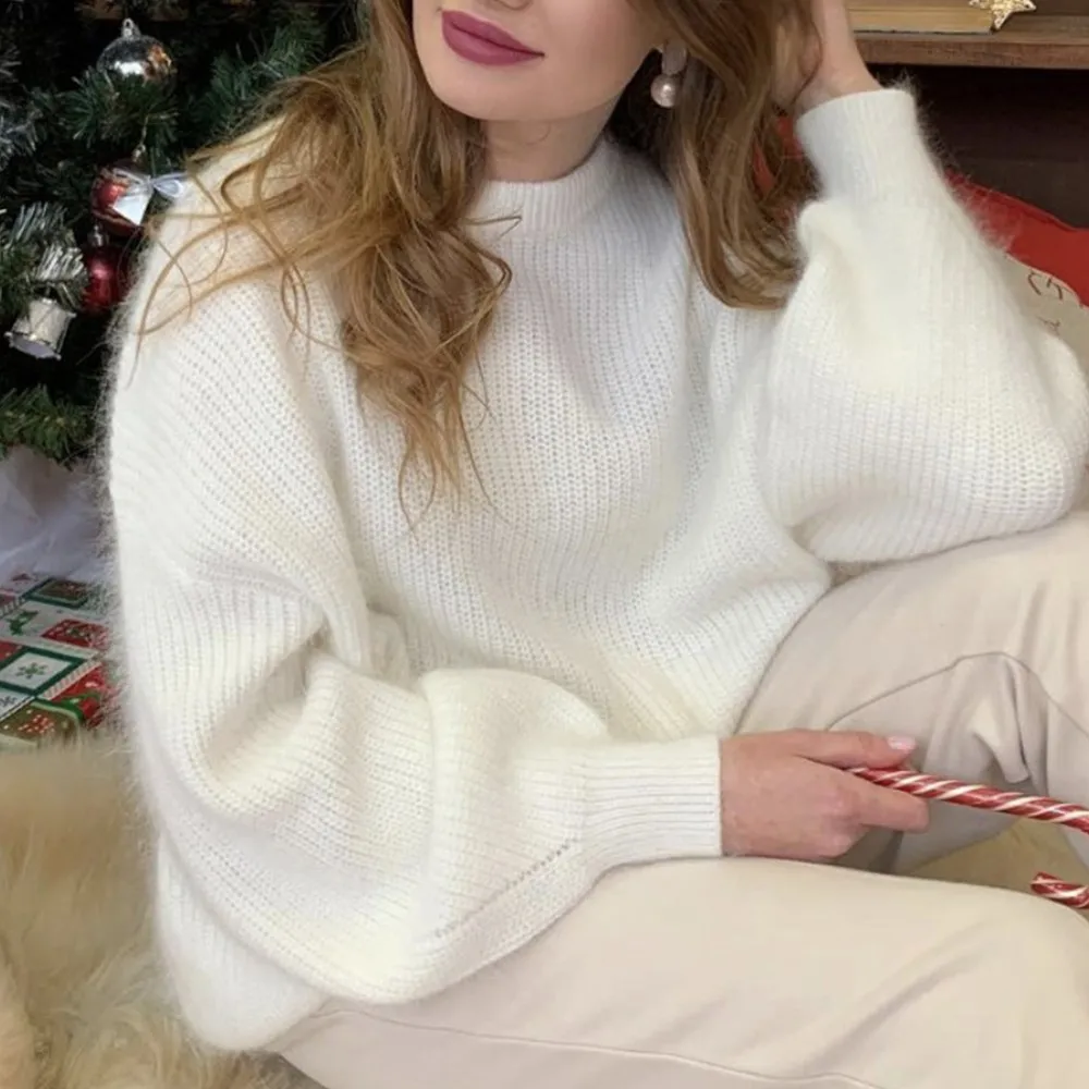 

Women Long Sleeve Knitted Loose Sweater Ladies Warm Casual Jumper Pullover Solid O-neck Long Lantern Sleeve Knitwear Tunic A50