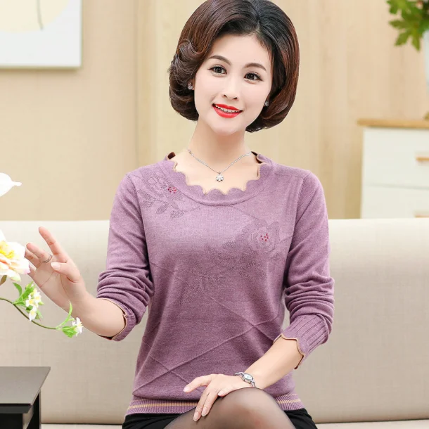Women'S Pullover Sweater Long-Sleeved Printed Women Plus Size Autumn And Winter 40-50 Years Old Mother Knitted Top DA375 | Женская