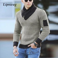 casual mens slim knit sweater 2021 autumn winter warm turtleneck jumpers men fashion patchwork long sleeve sweaters streetwear
