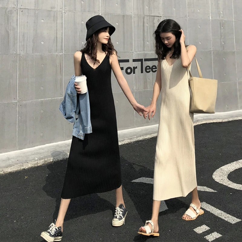 

2021 Summer Women Knitting Stretch Solid Tank Dress V-Neck Slim Sexy Female Long Vestidos