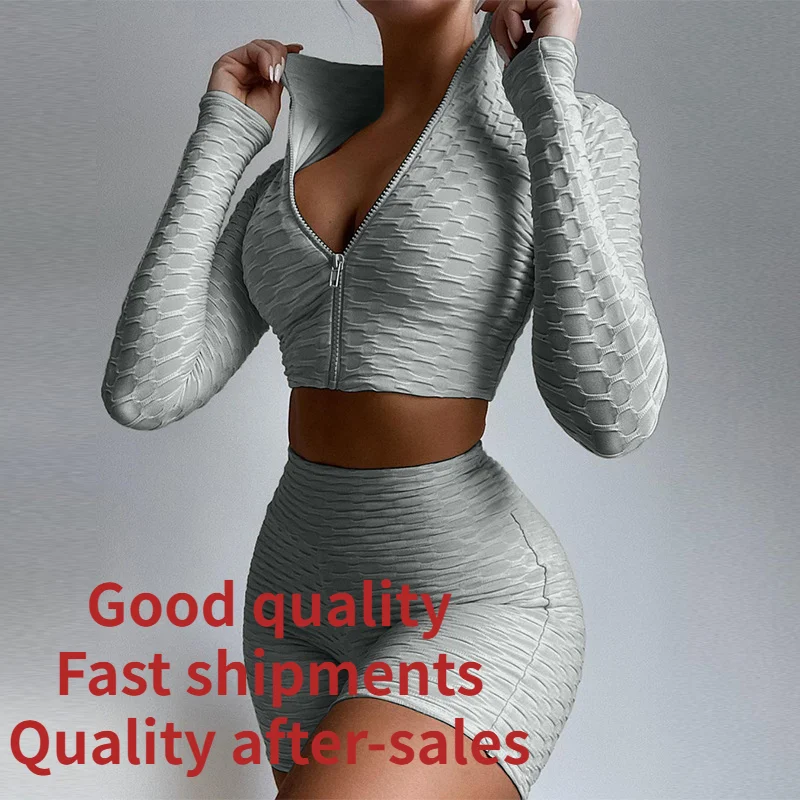 

Long-sleeved crop top + high-waist shorts women's sportswear two-piece women's solid color running suit zipper stand-up collar