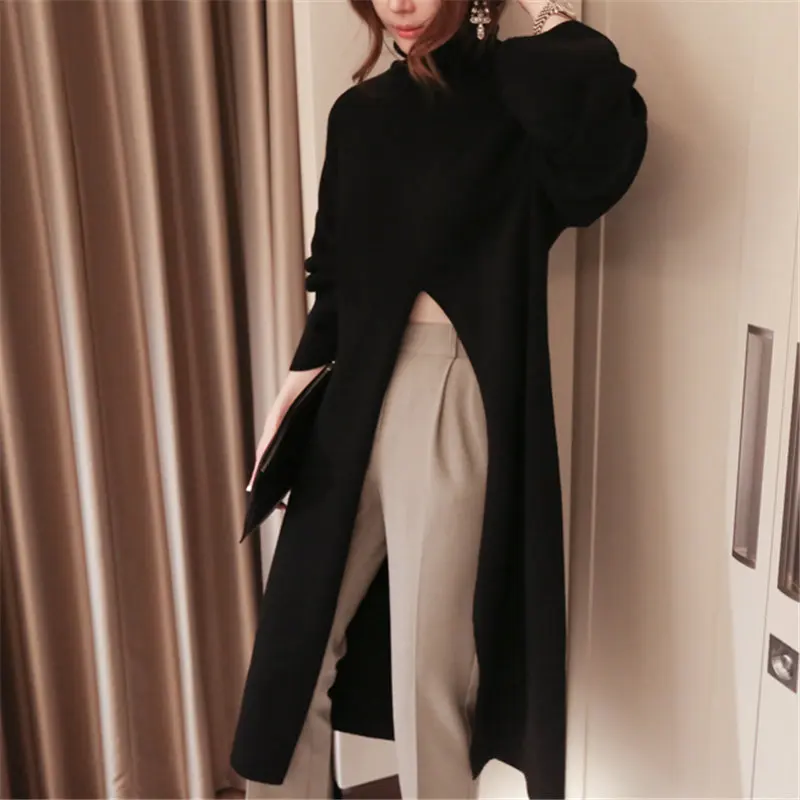 

HziriP 2021 Korea Turtleneck Women Sweet High Waist Stylish Solid Brief Chic Streetwear Feminine Long Split Slender Sweaters