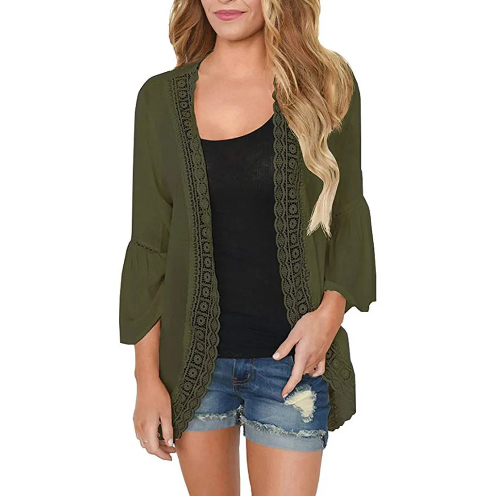 Женское кимоно кардиган однотонная блузка однотонный кружевной длинный рукав