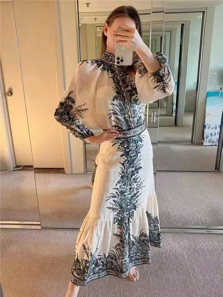 

Women Vintage Print Long Sleeve Linen Shirts+ High Waist Long Skirt Set