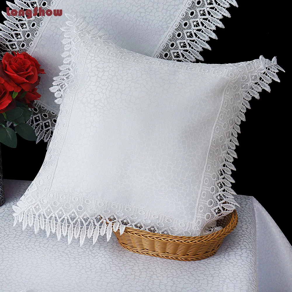 45x45cm Square Home Decorative Hollow-Out Lace Trim Bleaching White Color Pillow Case Embroidered Thick Polyester Pebble Cloth |