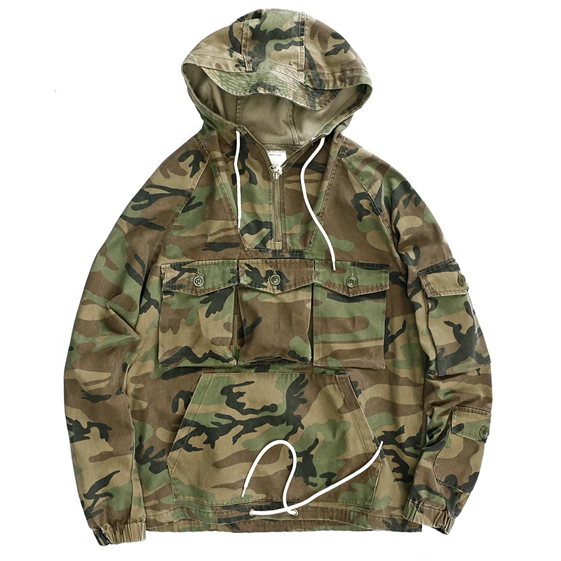 

2020 Tactical Jacket Men's Autumn and Winter Camouflage Battlefield Windbreaker Mid-length Hong Kong Style Tooling Hooded Jacket