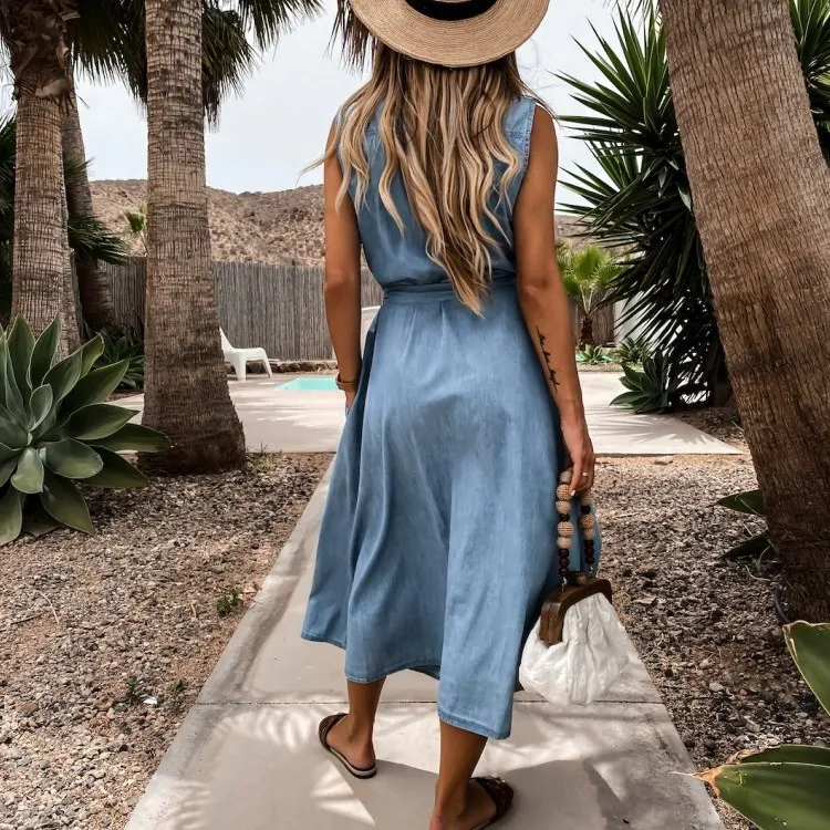 

Long Dress Fashion Women Denim Dresses Summer Casual Office Loose Solid Belt Turn-down Collar Sleeveless Plus Size Hem Vestidos