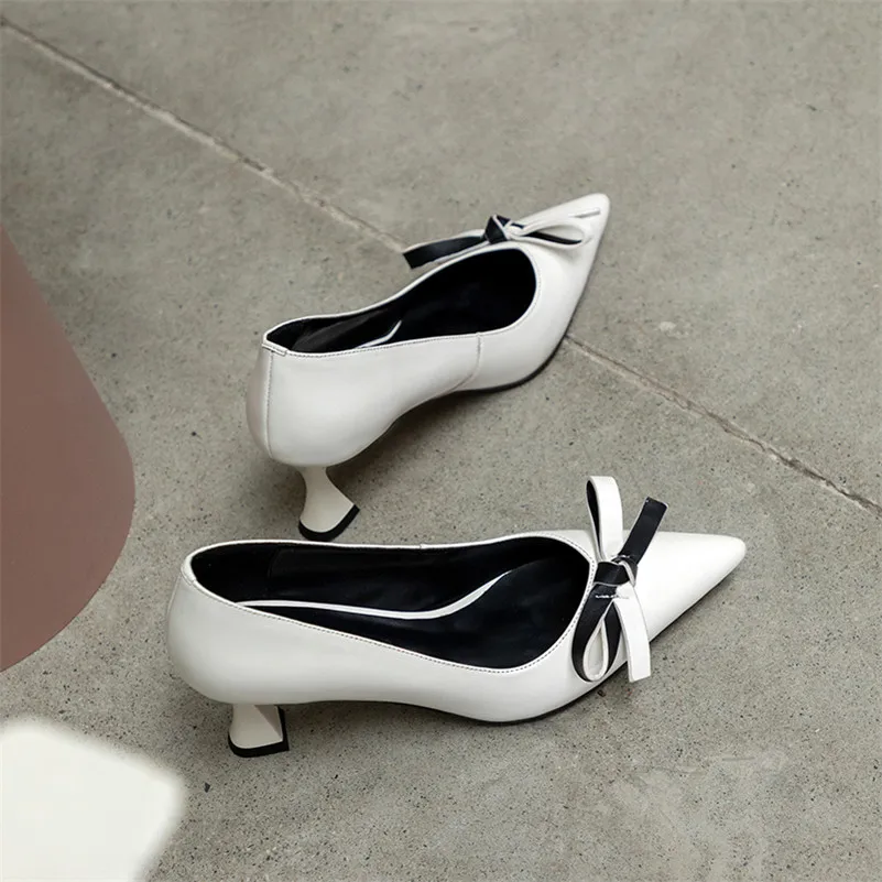 

ANNYMOLI Pointed Toe Women Shoes Bow Genuine Leather Stiletto Heels Pumps Fashion High Heel Party Footwear Lady Shoes Red Spring