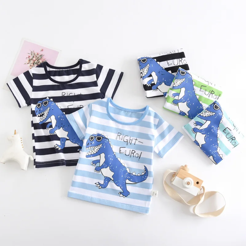 

JIAYAN 2021 Summer T-shirt Baby Boy Girls Short Sleeve Dinosaur Striped Print Tops Children's Casual Cotton Clothing Fashion