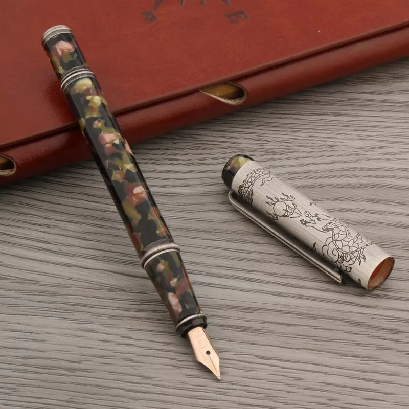 Luxury Celluloid Nitrate Fountain Pen Classic Copper Antique Sculpture Dragon 10K Nib Stationery School Supplies Gold Ink Pens