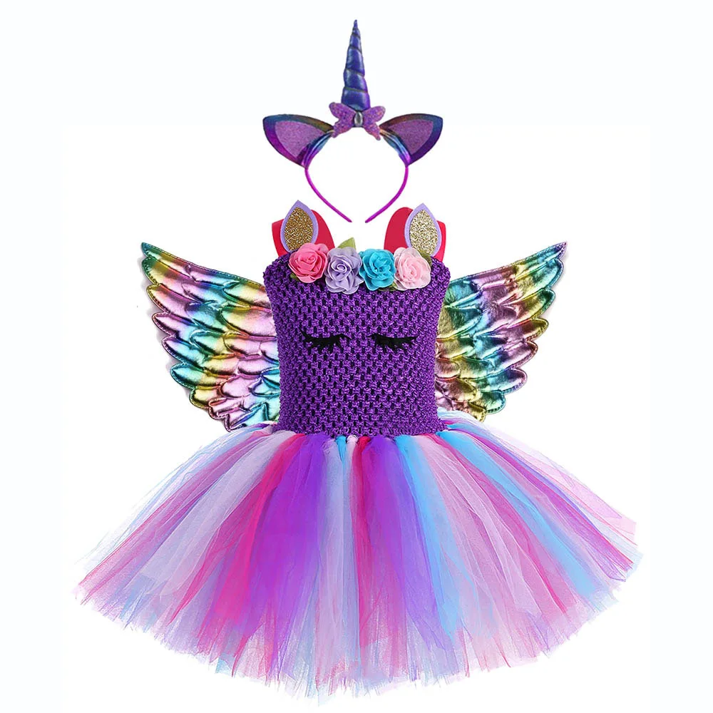 Unicorn Dress Set 1 Рождественское платье принцессы для маленьких девочек; платье с пони до колена; платье-сюрприз для подростков; платье-пачка с единорогом; повязка на голову; Крылья Ангела - Цвет: Unicorn Dress Set 1