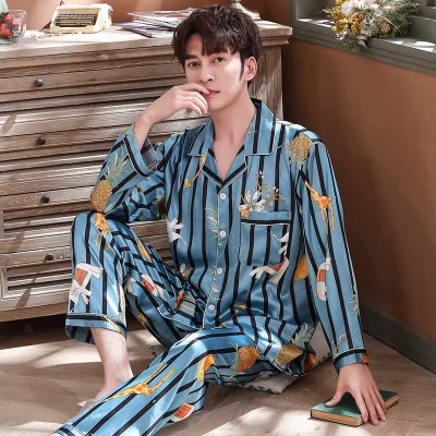 

Spring New Men's Simulated Silk Home Wear 2 Pieces Set Silk Casual Print Women's Long Sleeve Couple Pajamas Set