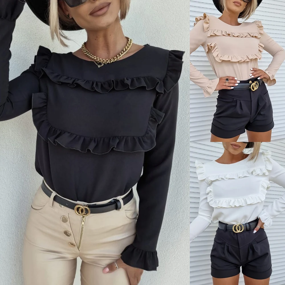 

Solid Color Spring Ladies Tee Shirt Blouses T-Shirt Pullover Ruffle Sexy Autumn Tops Women Tshirt Long Sleeve T-Shirt