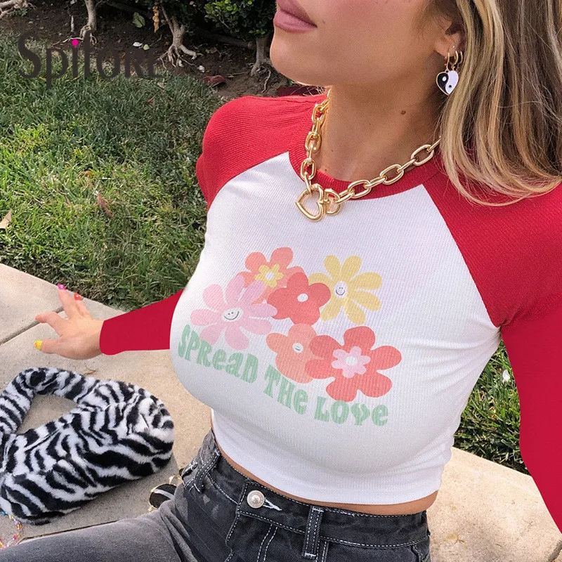 

Spifore Tube Cute Women T-Shirt Fashion Printed Long Sleeve Casual Autumn Winter Crop Top Patchwork Elegant Shirts Femme