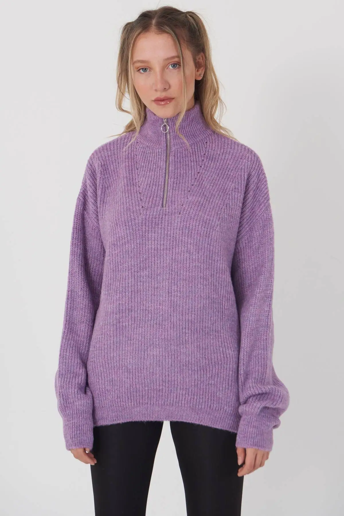 Women Lilac Collar Zippered Sweater Women Sweater 2021