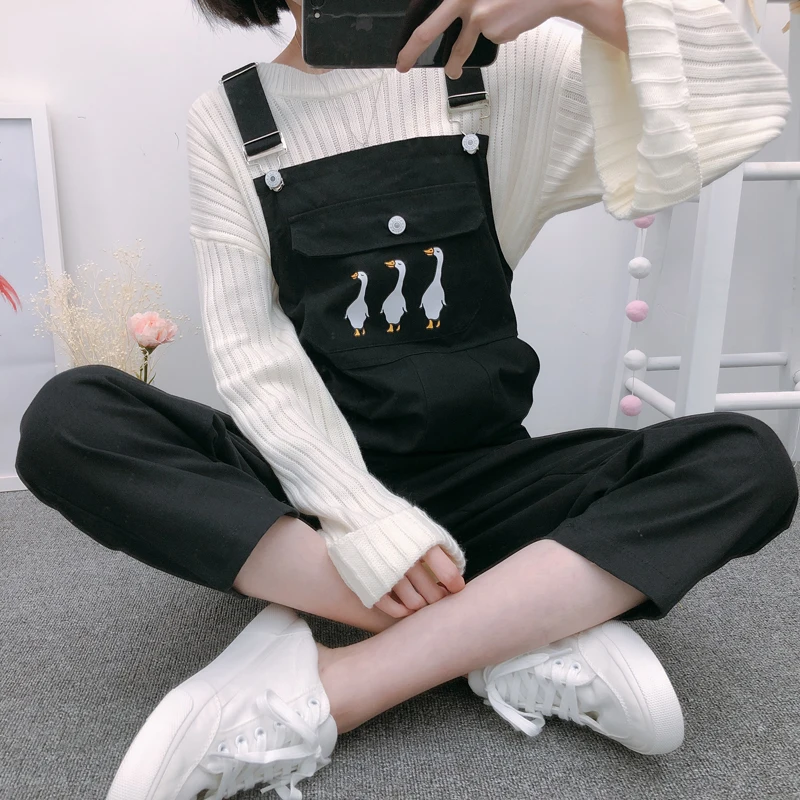 

Jumpsuits Women Strap Playsuits Students Korean Style Womens Slim Cartoon Kawaii Pocket Ankle-Length Leisure Female Jumpsuit