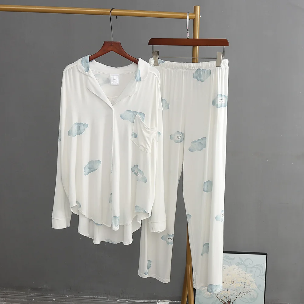 

Autumn New Women's Pajama Set Modal Long-Sleeved Pijamas Women Cotton Turn-down Collar Printing Sleepwear White 2 Piece Pajamas