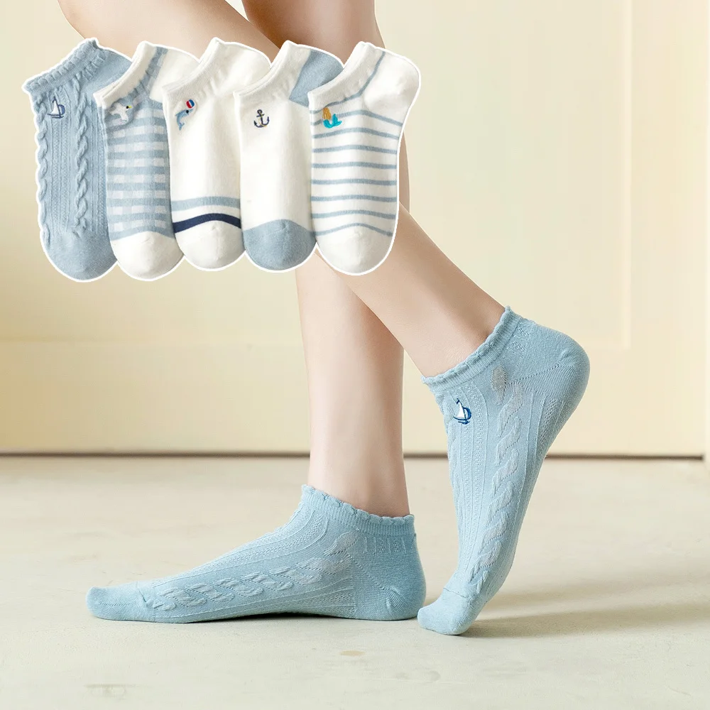 

Instime 2021 Spring Summer New Style Blue Series Embroidered Cute Socks Women Ankle Anchor Dolphin Size 35-39