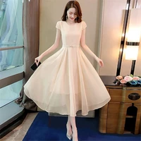 elegant mid length chiffon short sleeved dress with pearl belt showing thin ladies temperament gentle wind chiffon a line dress
