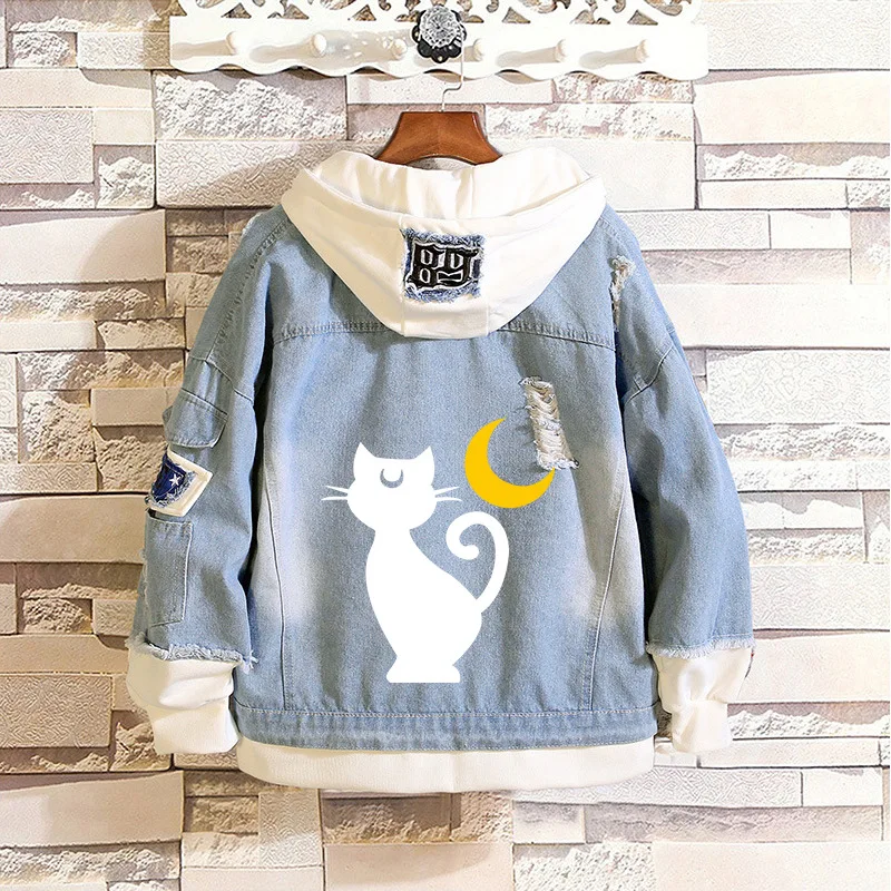 

Anime Sailor Moon Cosplay Luna Denim Jacket Hoodie Pullovers Sweatshirt Fleeces Costume two piece suit