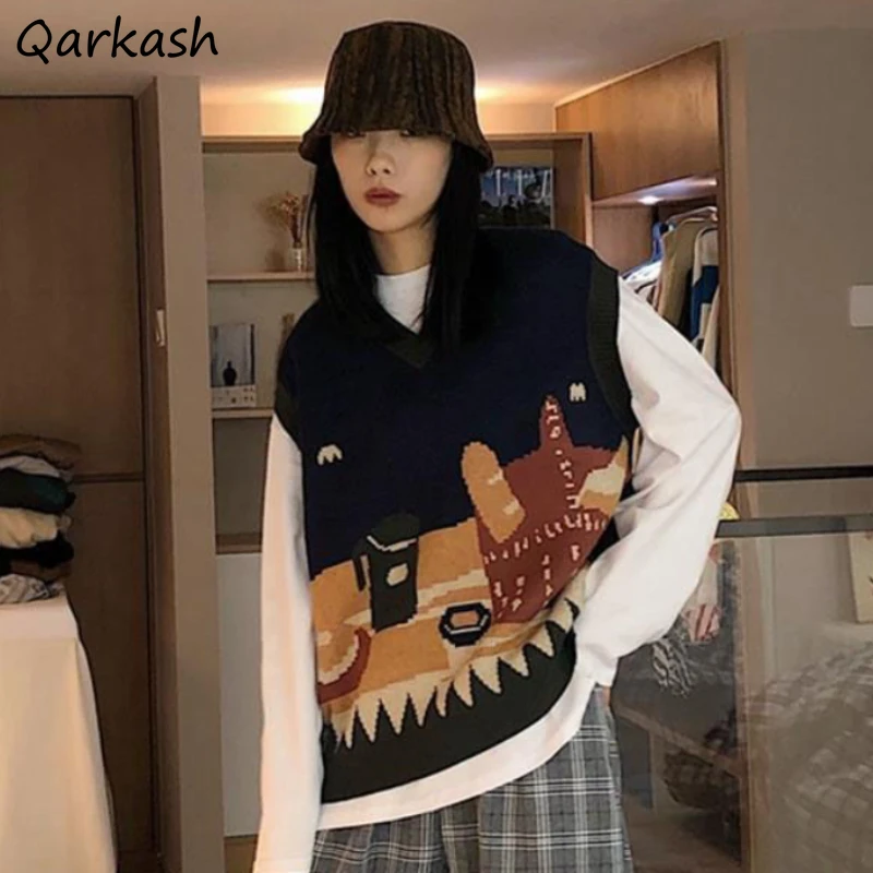 

V-neck Sweater Vests Women Korean Style Retro Teens Knitted Vest Autumn New Cartoon Comfortable Simple Females Streetwear Chic