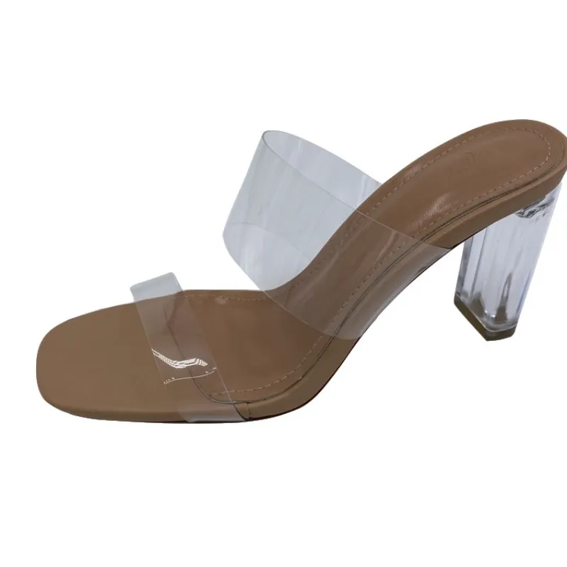 

2021 summer new one line with transparent crystal heel high heel thick heel sandal shoes middle heel women's shoes