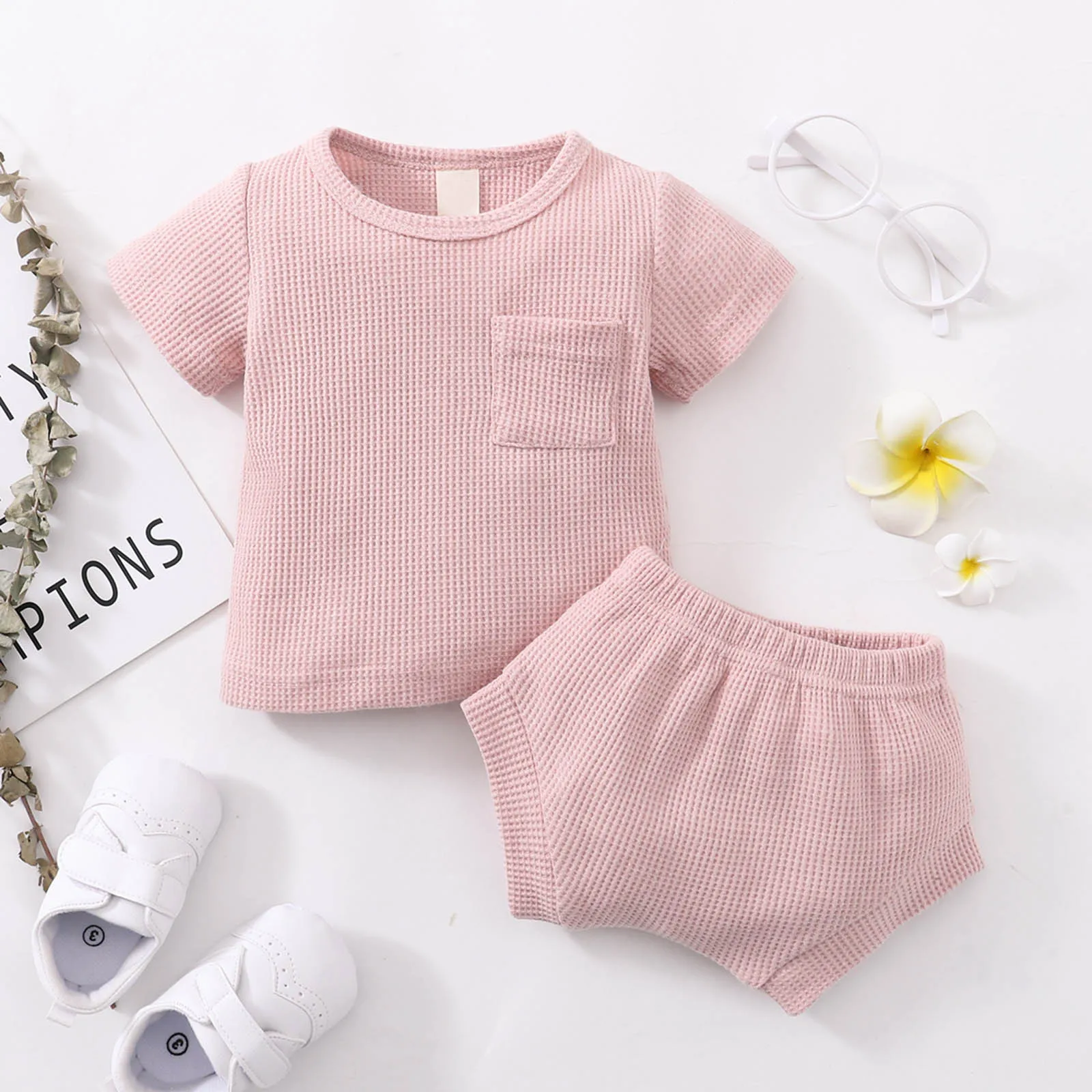 

Детские комплекты летней одежды для маленьких мальчиков и девочек, Однотонная футболка в рубчик + шорты, детский спортивный костюм, модная д...