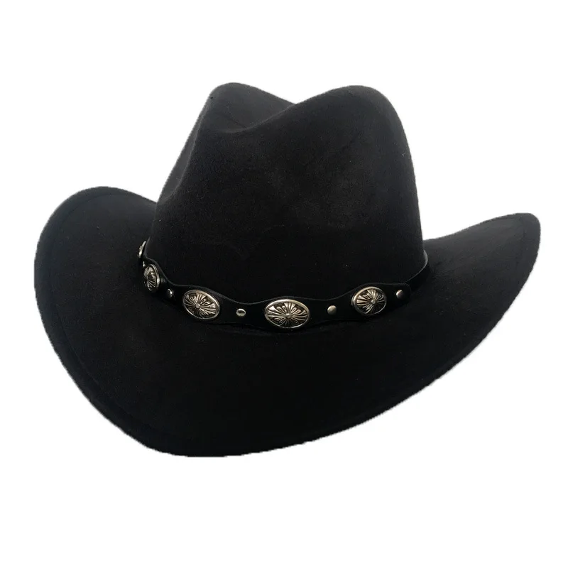 

Fashion Women's Men's Wool Hollow Western Cowboy Hat With Sun God Belt Cowgirl Jazz Toca Sombrero Godfather Cap Size 56-58CM B75