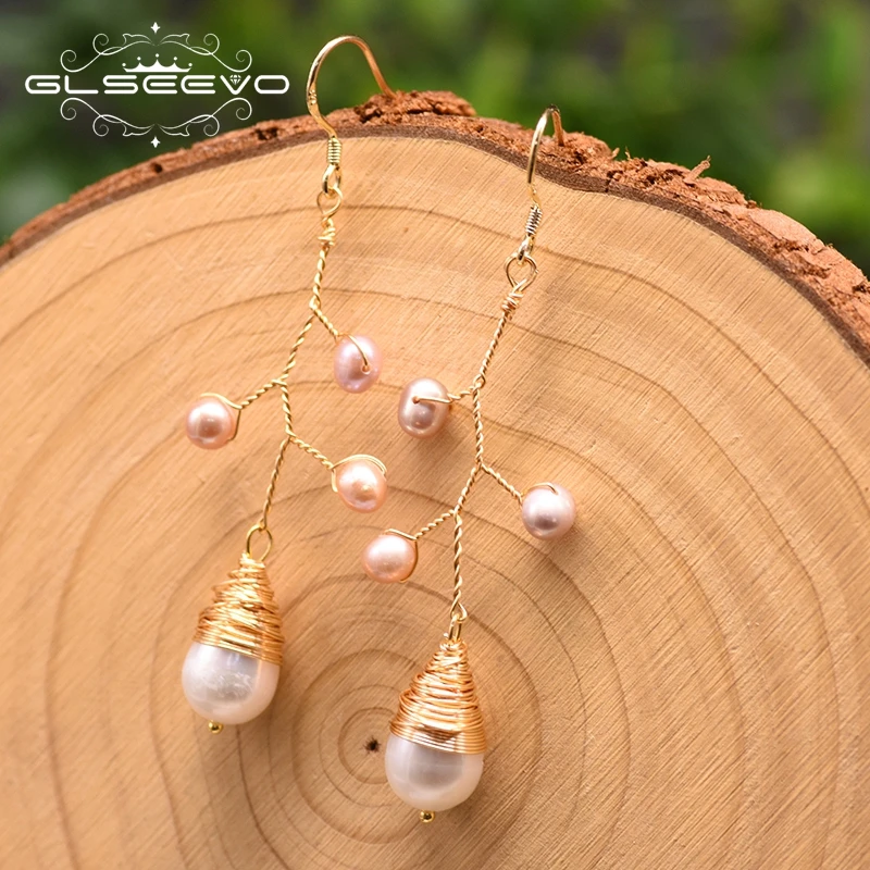 

GLSEEVO Handmade Natural Freshwater Pearl Tree Drop Earrings For Women Wife Party Wedding Fine Jewelry kolczyki damskie GE0912