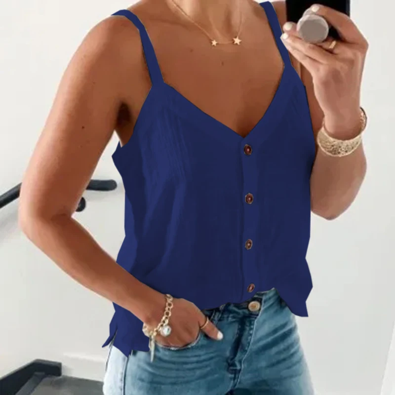 

Black V-neck Button Tee Shirts Women Summer Y2K Clothes Spaghetti Strap Loose Simple Tank Tops Female Plus Size 5XL Tshirt