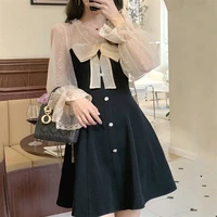 elegant y2k mini party dress women casual bow lace long sleeve black vintage dress sexy one piece dress korean 2021 autumn chic