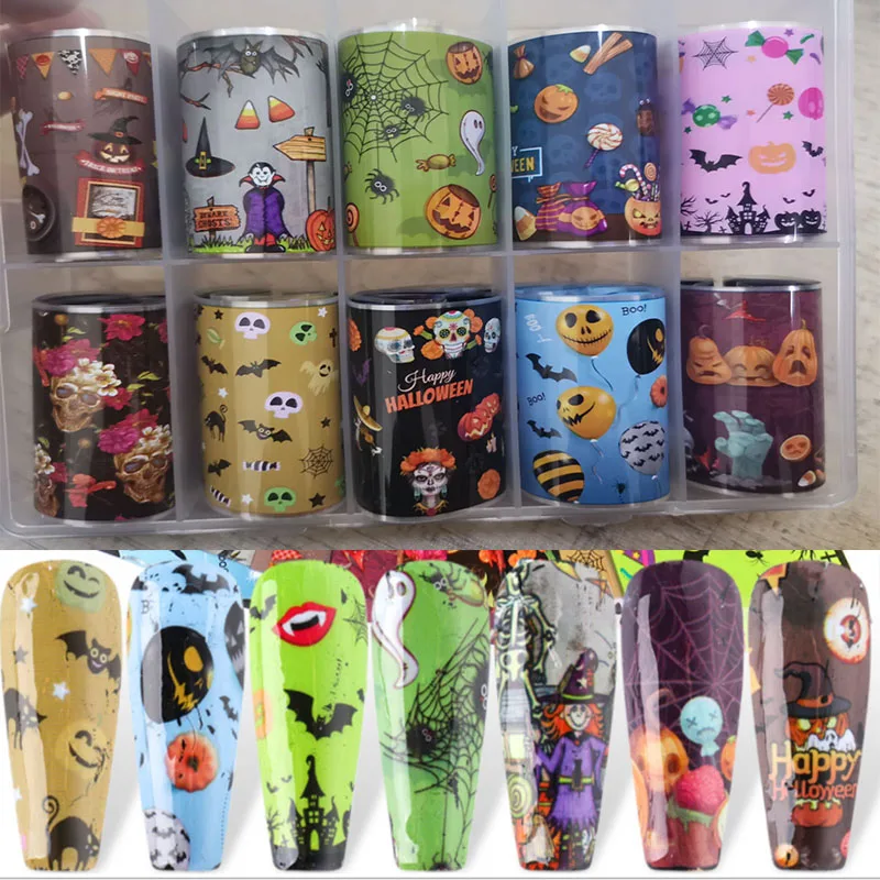 NEW-10pcs/коробка Хэллоуин Фольга украшения для ногтей микс красочные переводные